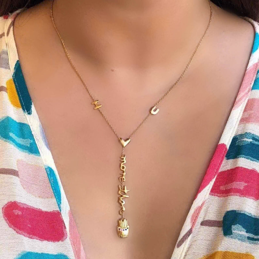 Model Wearing Ale Weston 14k Yellow Gold I Love You More Than Fries Necklace, Rainbow Style